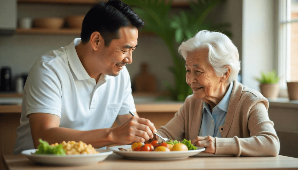 A dedicated Asian male caregiver in his 40s, dressed in a white polo shirt, patiently helping an elderly Hispanic woman with Alzheimer's eat lunch in a cozy home.